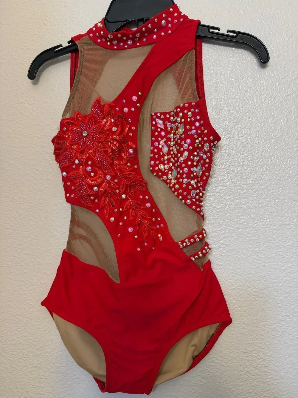 AA solo dance costume red strappy rhinestoned bling leotard XS adult